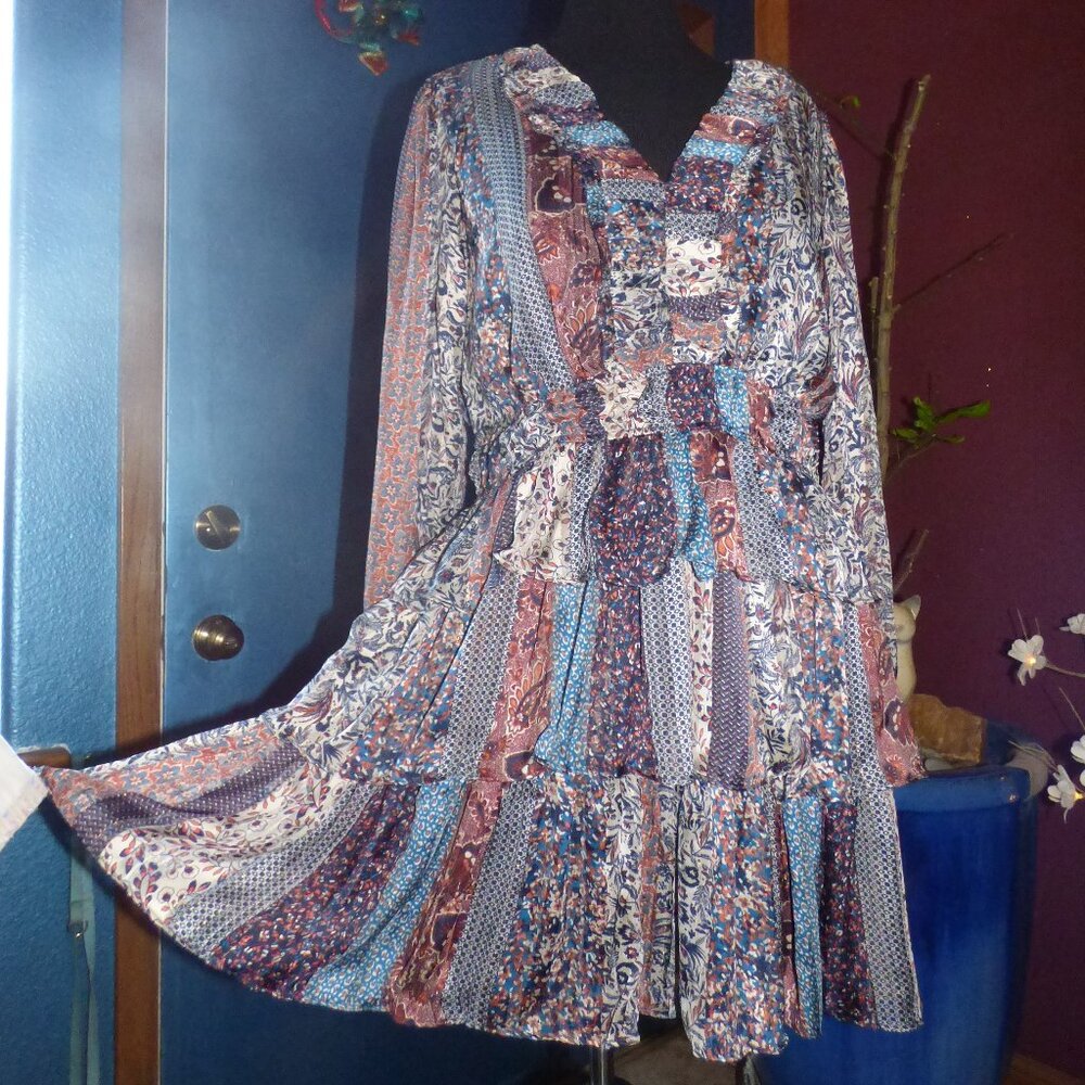 DEAR JOHN GOTH HIPPY BOHO RETRO STYLE MULTI COLOR CHIFFON SHORT PEPLUM DRESS XL